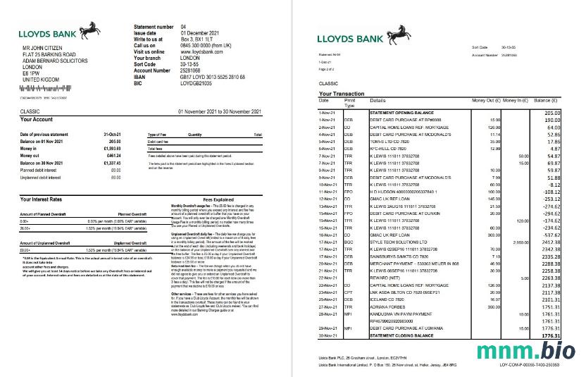 United Kingdom Lloyds Bank statement szablon Worda i PDF, version 2